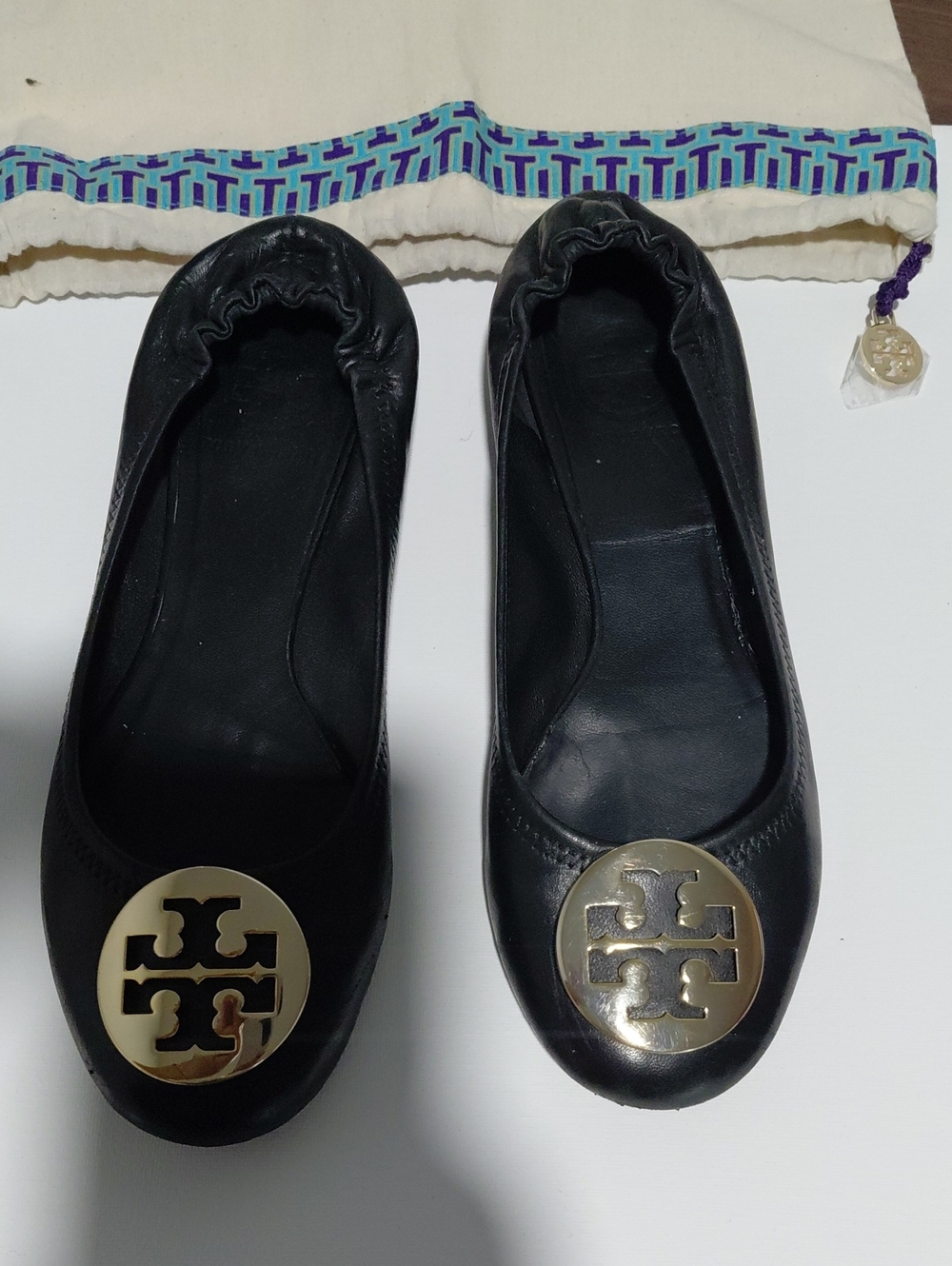 Tory Burch Black Leather Flats with Gold Logo Medallion